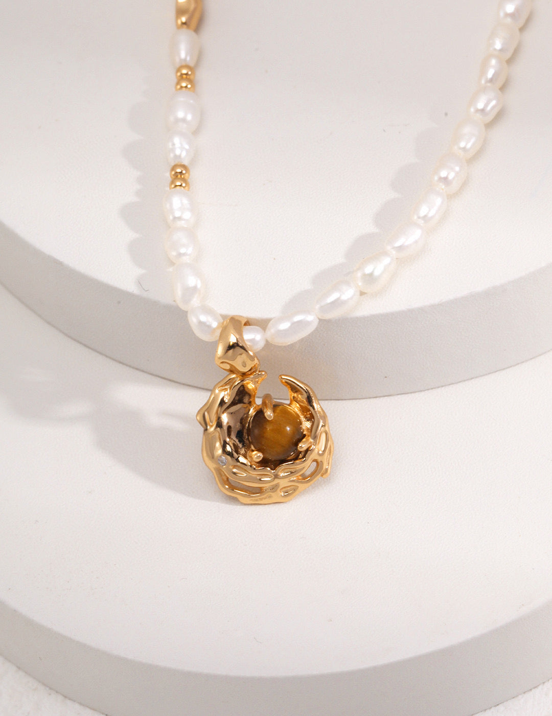 TIGER_EYE STONE PENDANT PEARLS NECKLACE